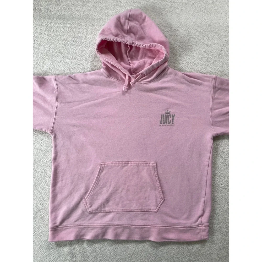 Juicy Couture Womens XL Hoodie Pink Silver Logo Graphic Pullover Sweatshirt